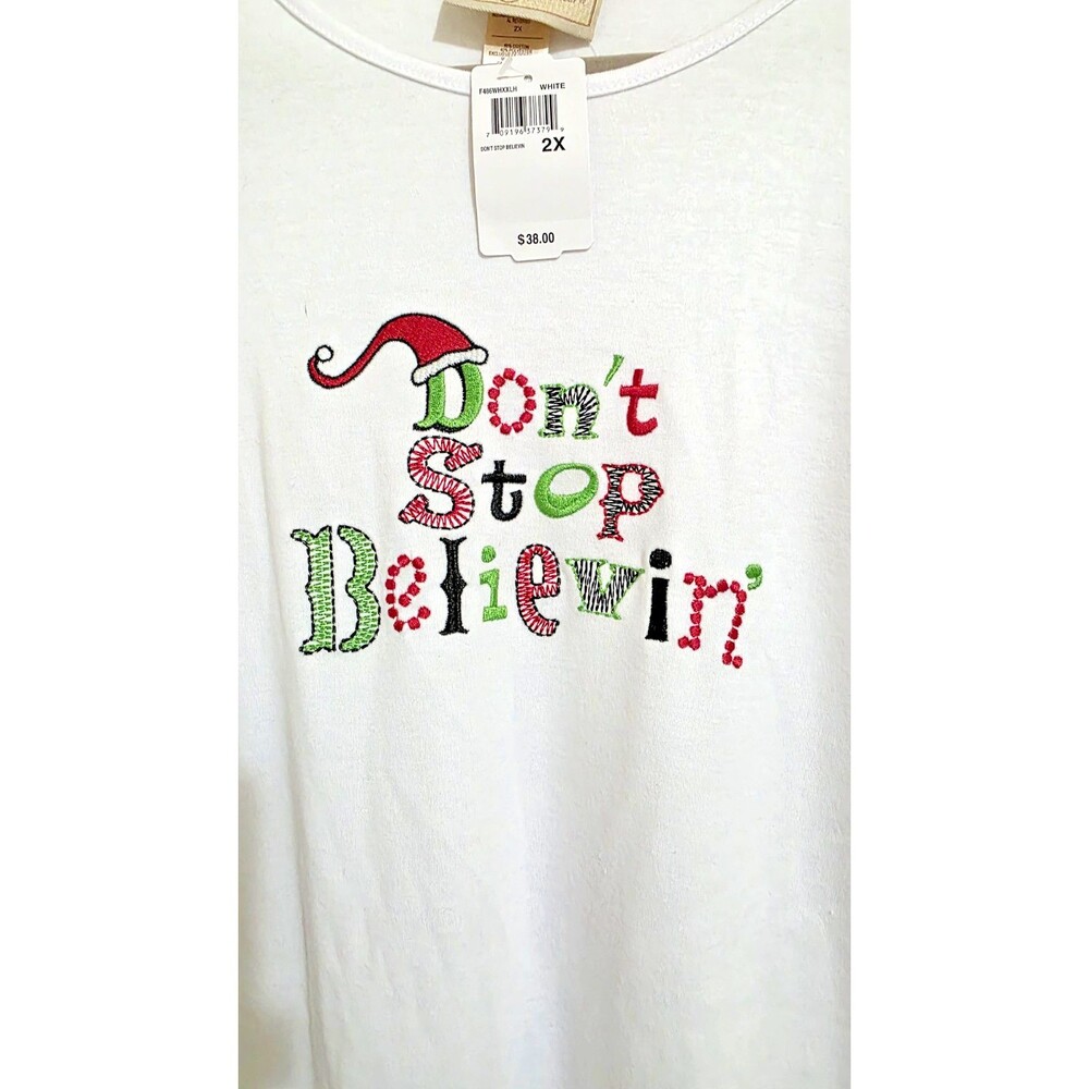 Women's Plus White Don't Stop Believin' LS Embroidered Christmas T-shirt New 2X
